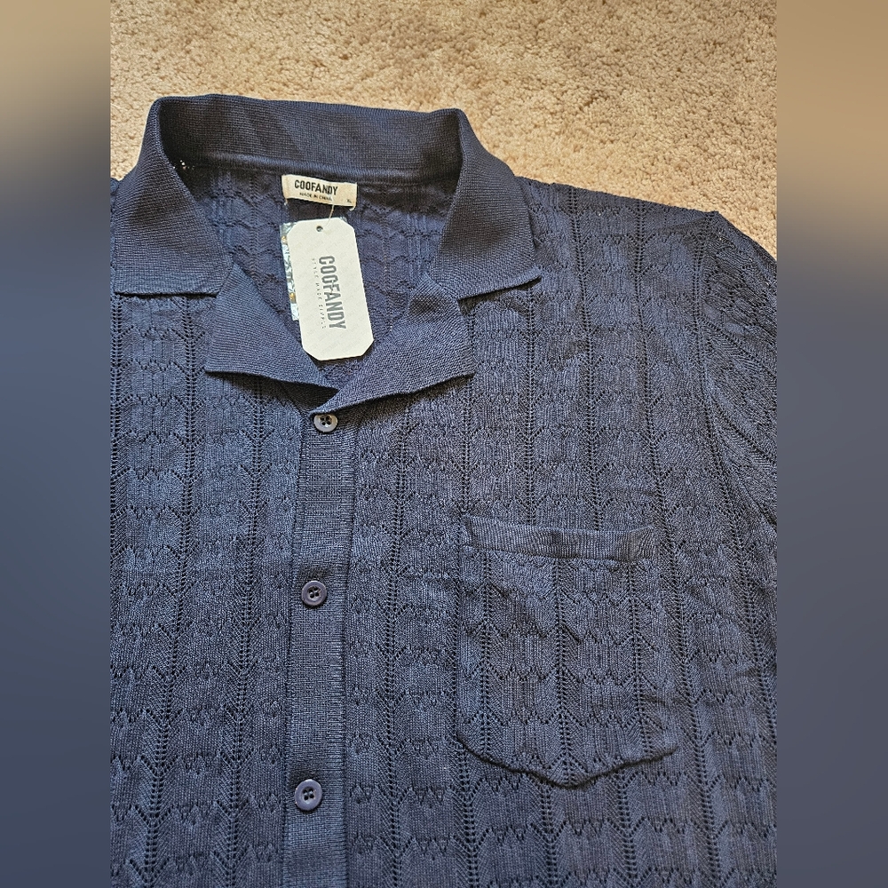 COOFANDY Blue Cuban Style Shirt Short Sleeve Button Down Mens XL Breathable NWT